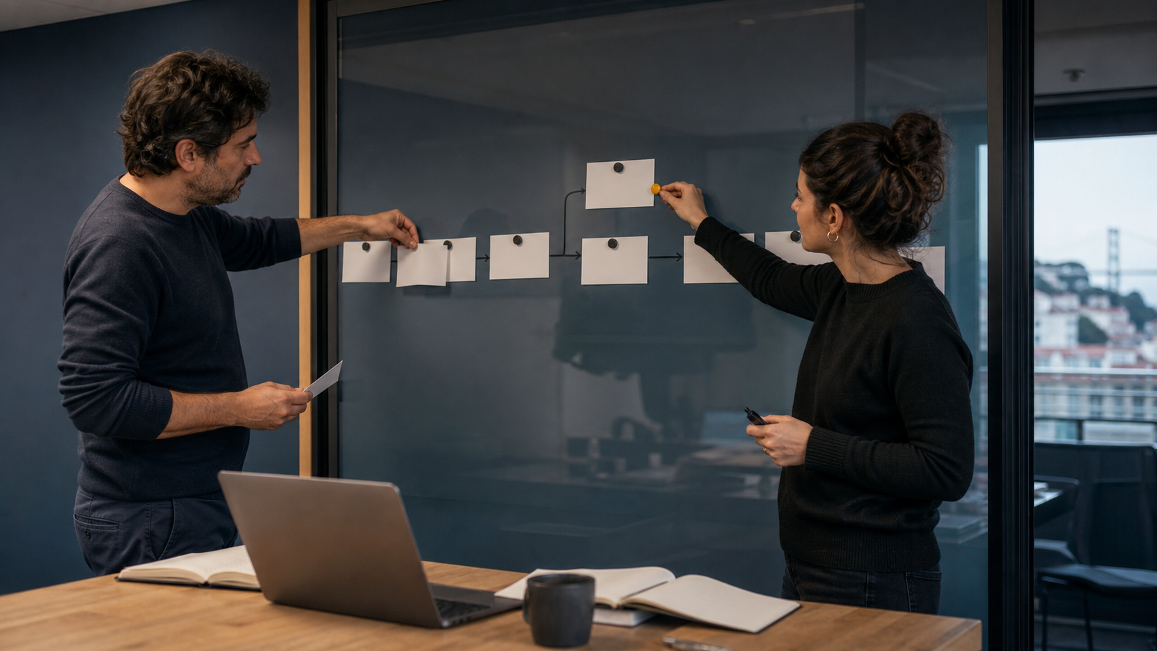 A small-business team simplifies a workflow and marks one uncertain step