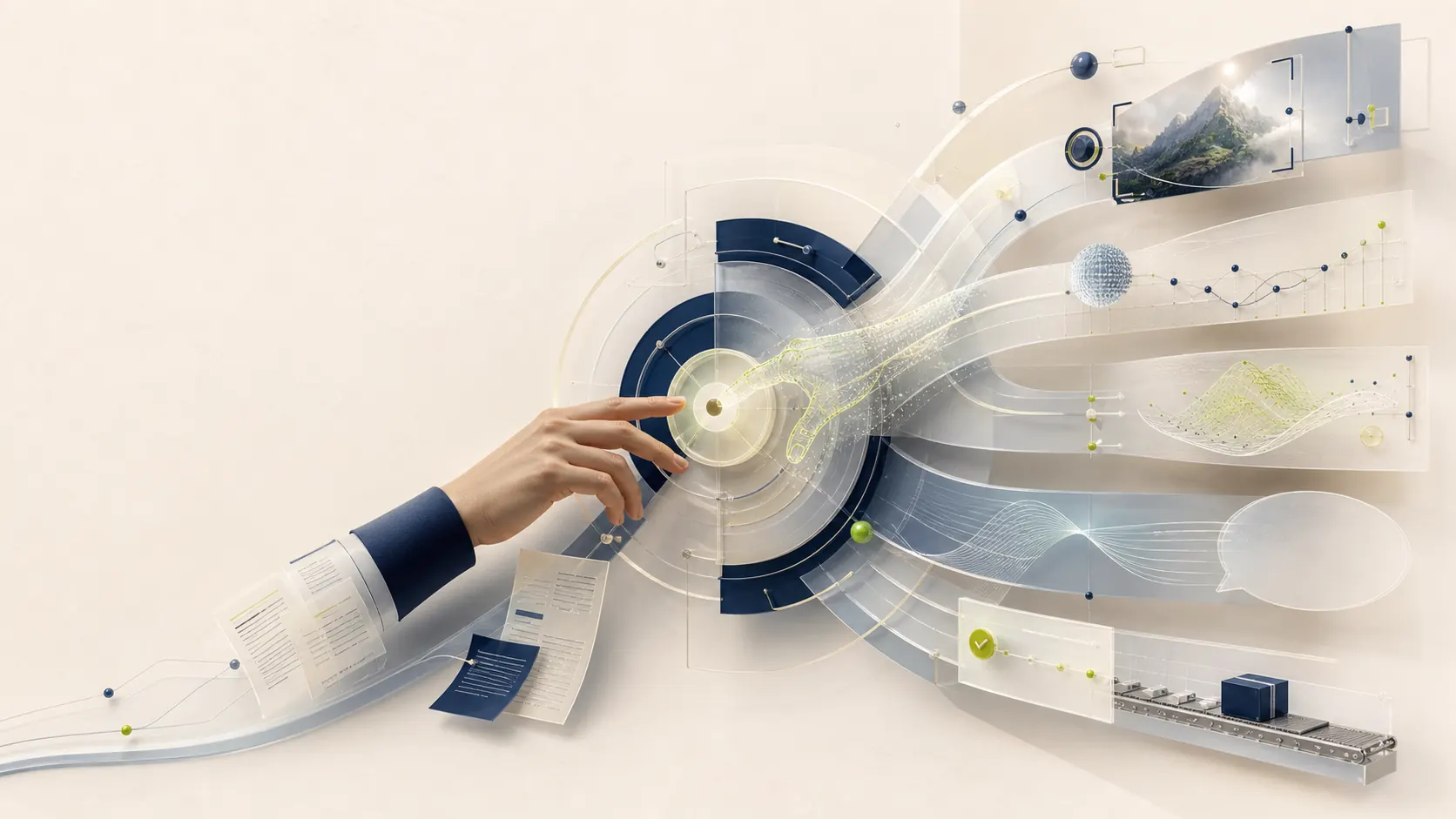 A human hand and a controlled machine interface connect documents, vision, predictions, language and actions in one business system