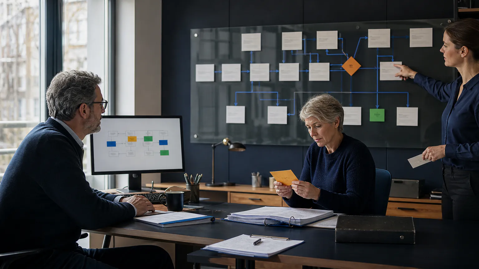 A small-business team reviews ownership, monitoring and exception handling for a live AI workflow