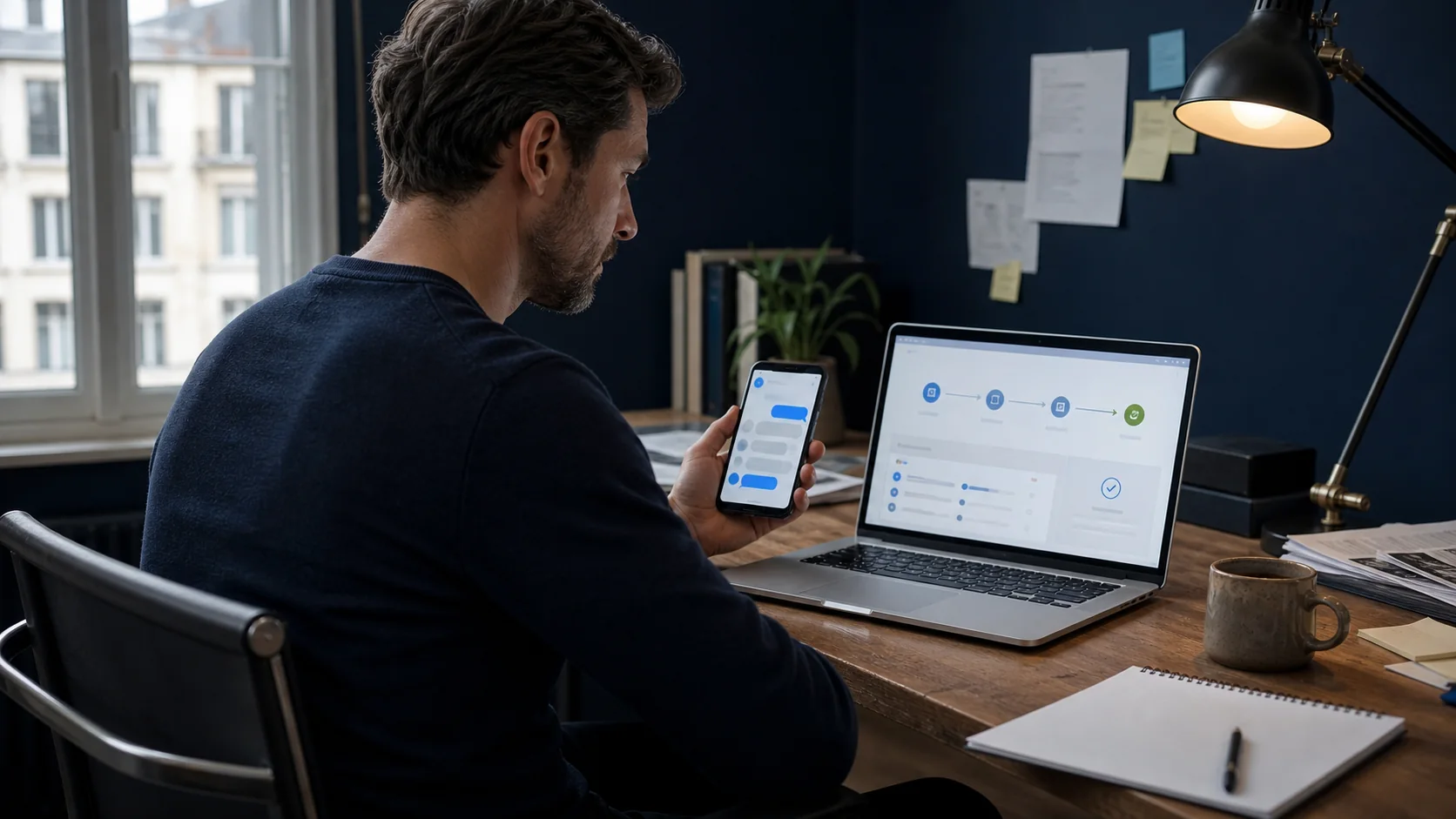 An operations professional uses a mobile chat while monitoring the connected AI workflow in a business workspace