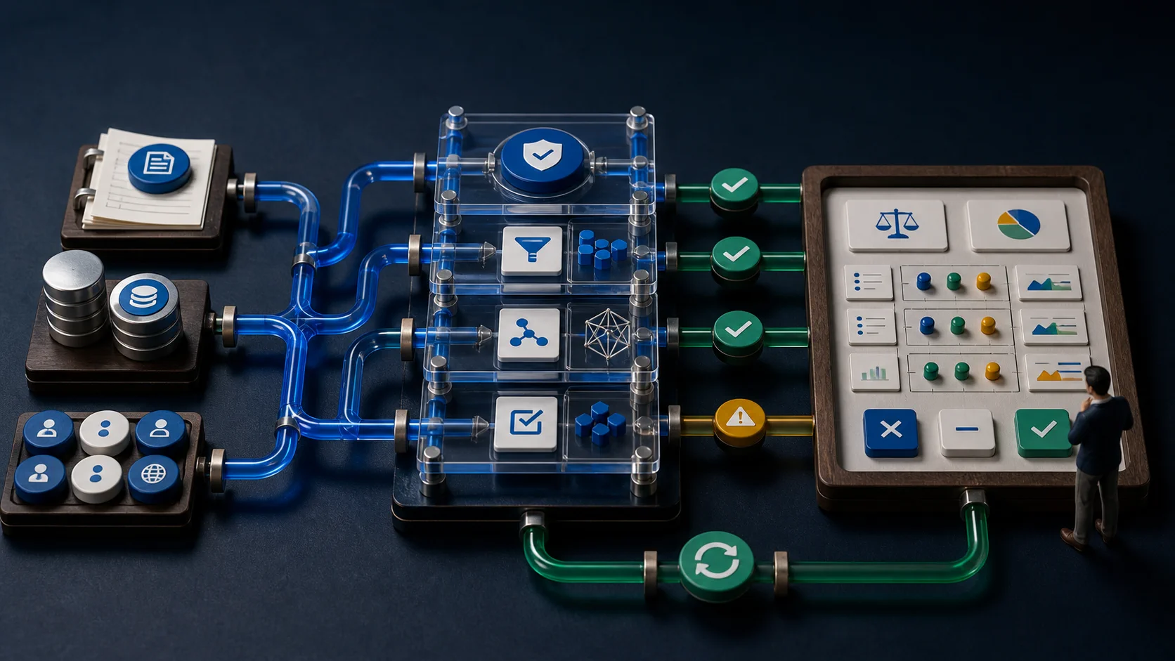 Governed sources flow through validation and modelling layers into a human-controlled decision dashboard