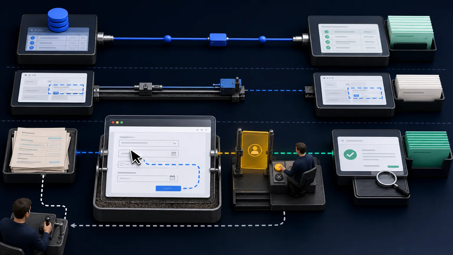 Three automation lanes compare a direct API, rigid RPA and a supervised browser agent with approval and verification