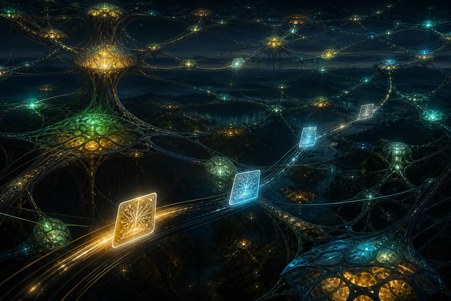 Autonomous organic nodes exchange portable luminous knowledge modules across a wide network without a central command point.