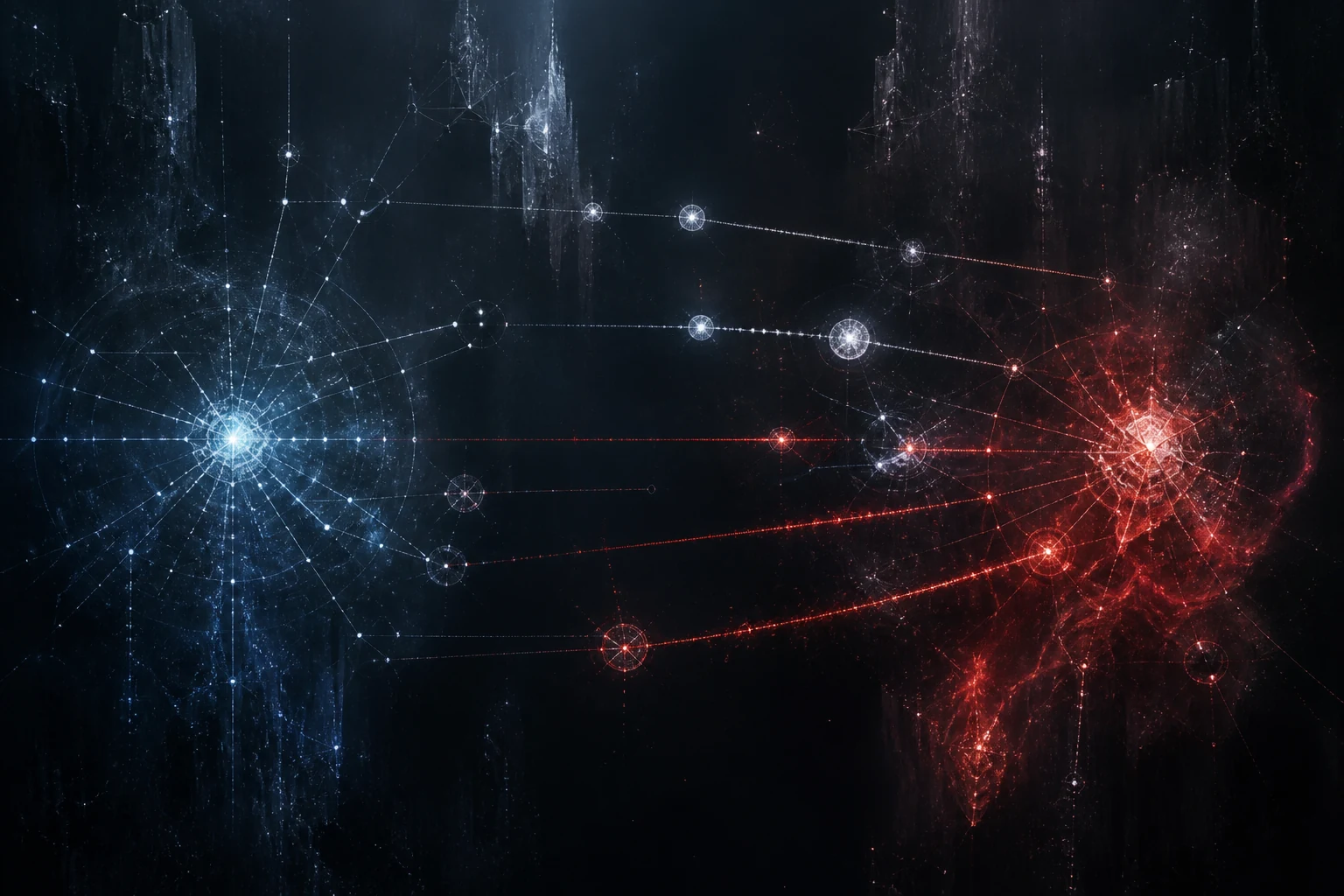Two distant networks exchange signals of visibly different cost across a large dark void.