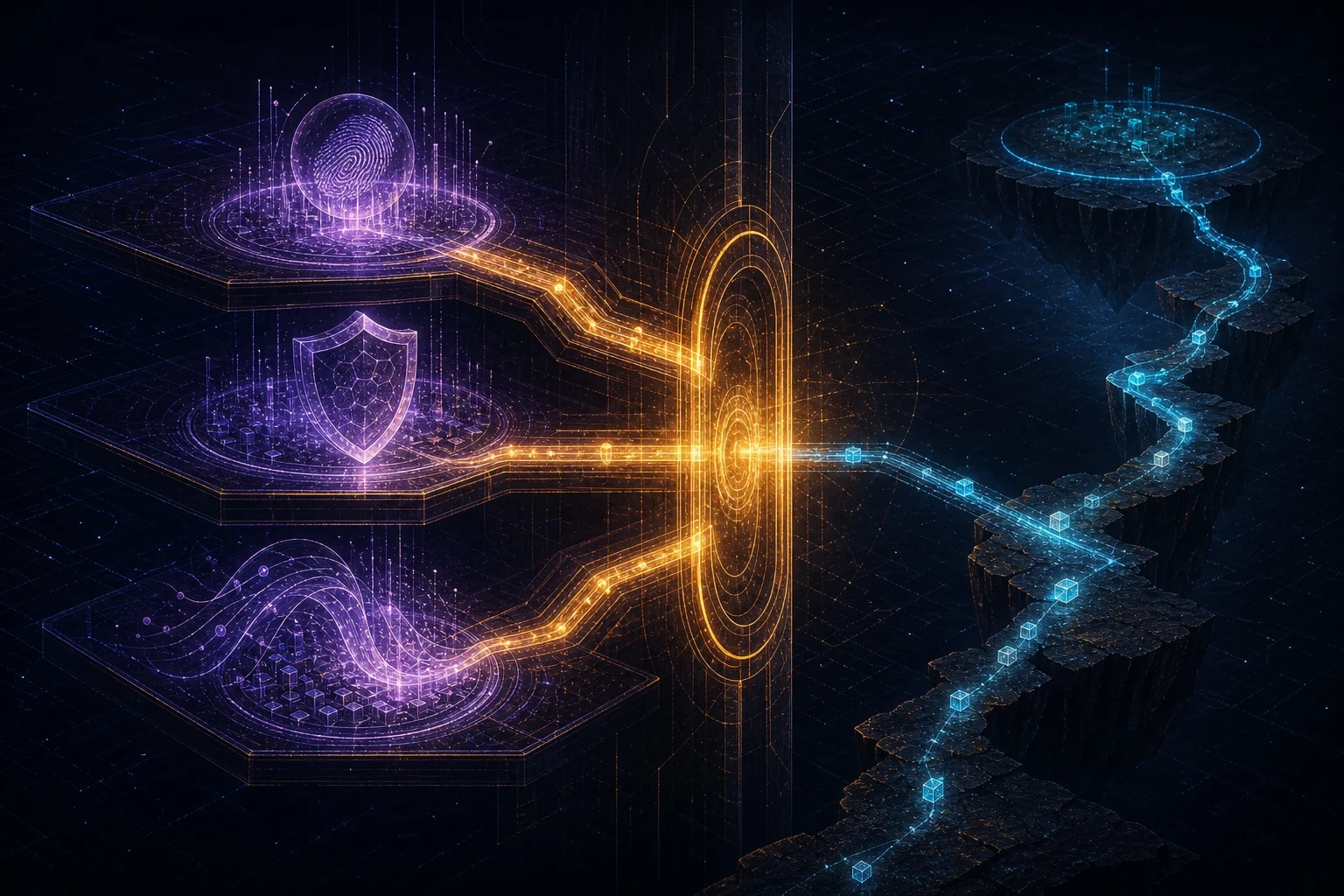 A bright service corridor binds identity, protection and mobility into one amber gate while a narrow independent route remains visible beyond it.