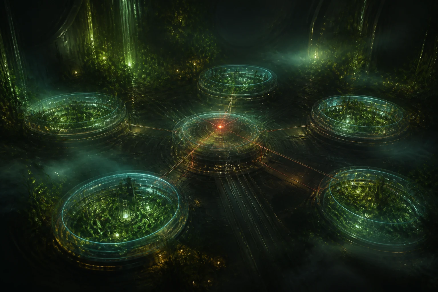 Five translucent containment rings appear independent but converge on one glowing, vulnerable dependency node.