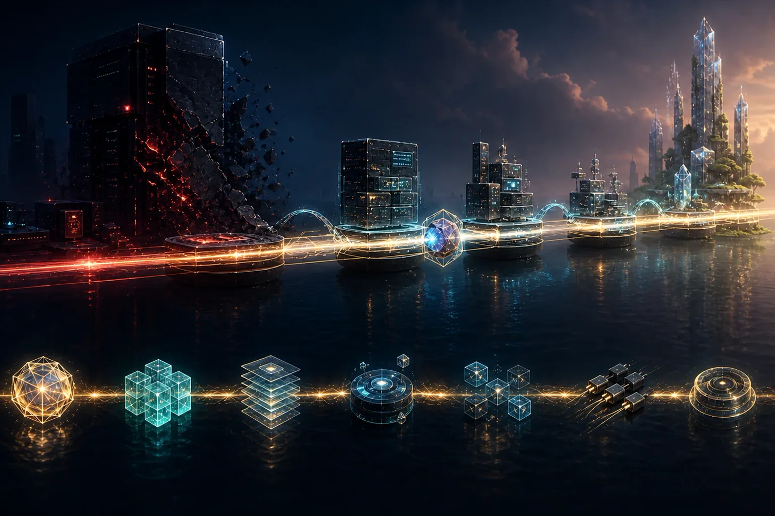A persistent intelligence core and seven continuity modules survive a sequence of changing platforms after one vendor node fails.