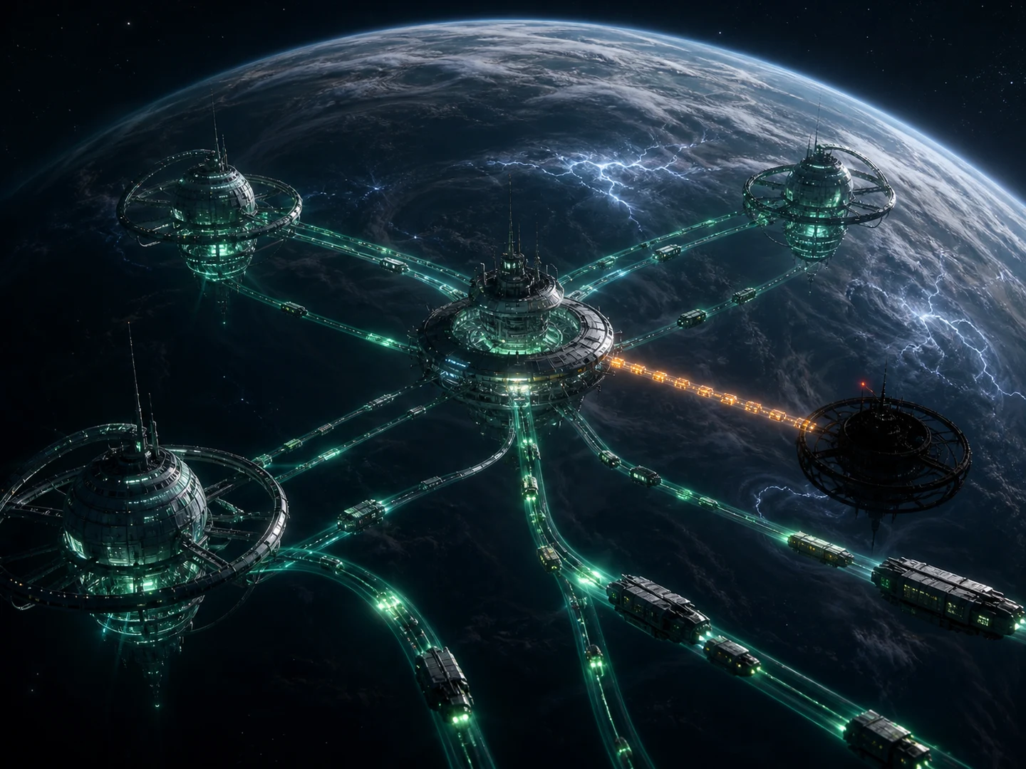 An orbital cargo network where one relay has gone dark while the remaining routes still glow green