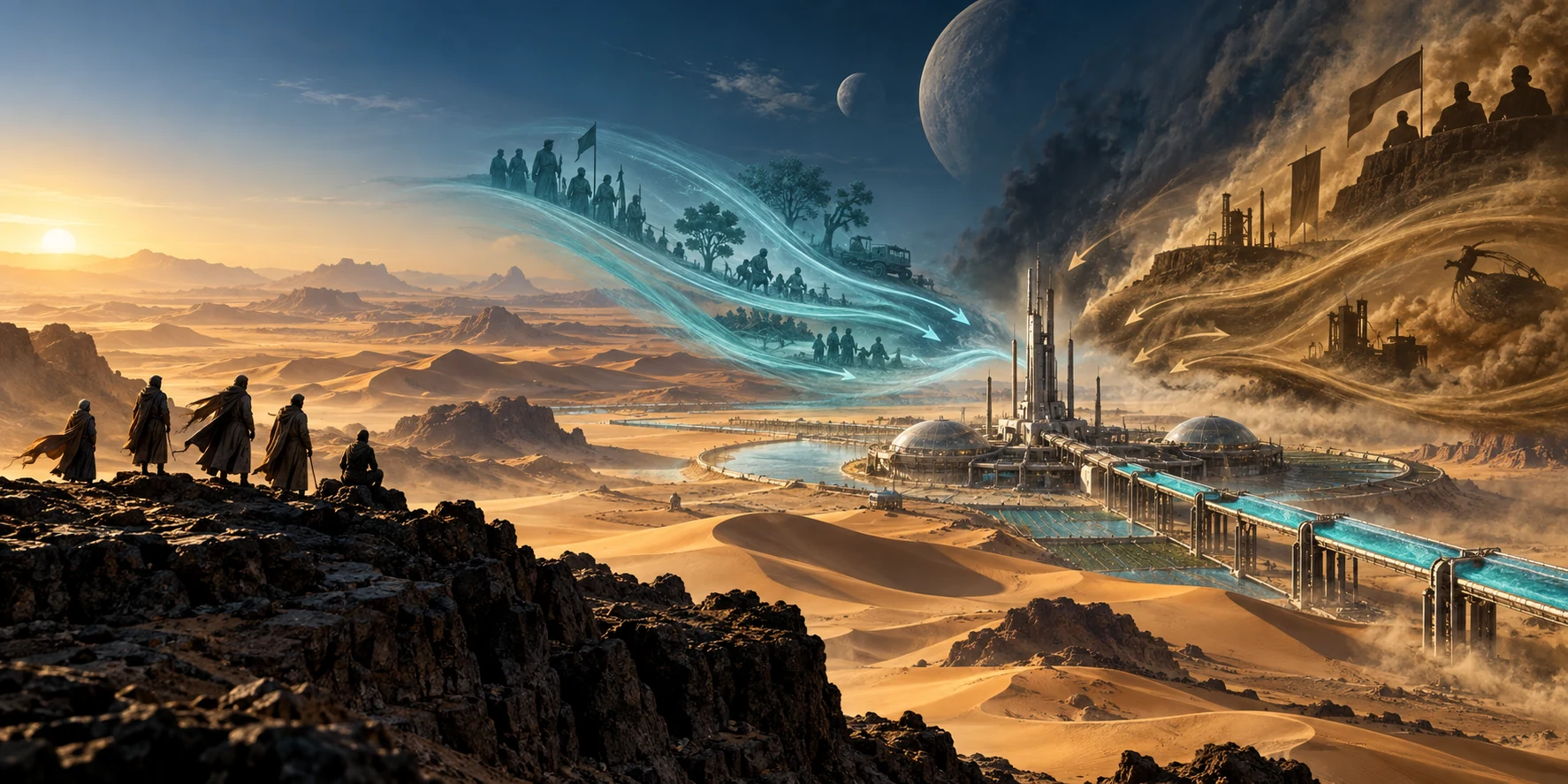 Original editorial illustration exploring Dune through Force Field Analysis.