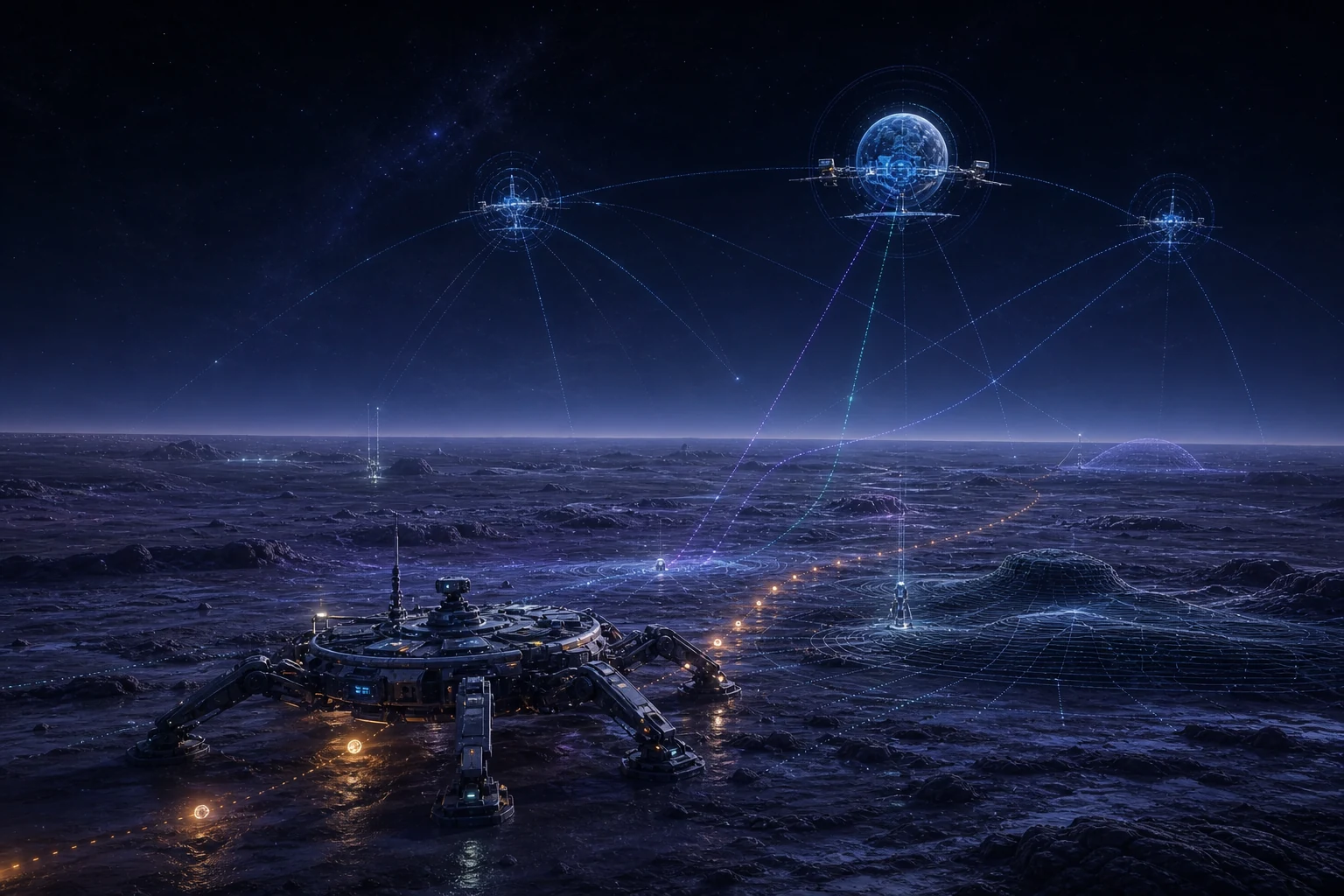 A low many-legged expedition crosses a compressed high-gravity world while a distant orbital team contributes maps and instruments from above.