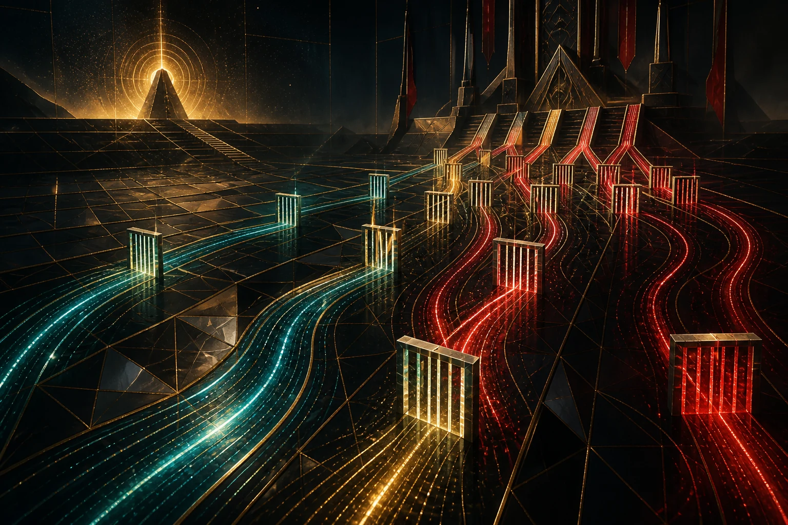 Luminous behaviour paths bend away from a distant objective and toward monumental scoring gates.