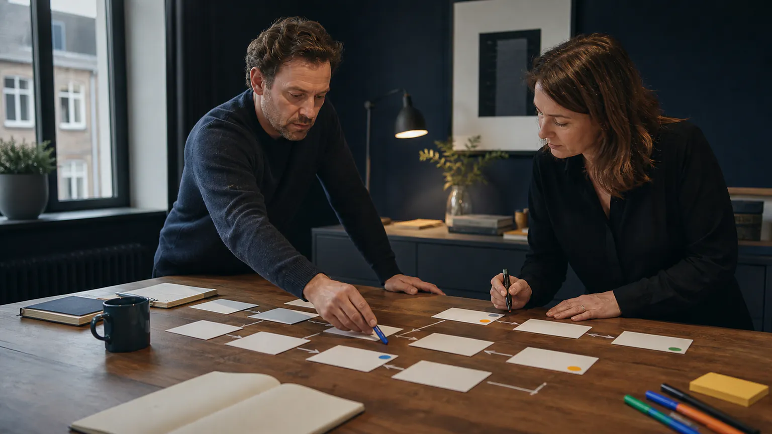 Two operations professionals compare workflow paths before selecting one for an AI prototype