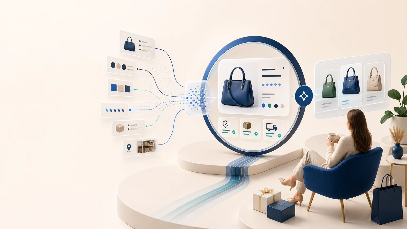 Structured product data passing through an AI discovery lens to a shopper