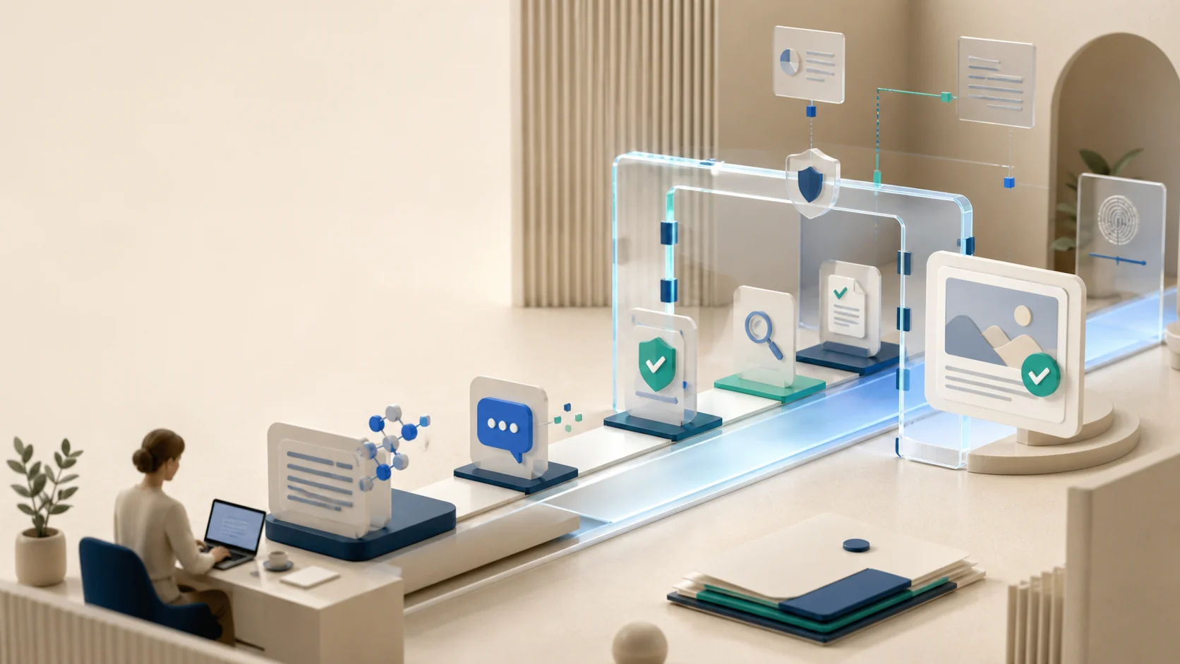 A small-business AI workflow passing through visible review, disclosure and provenance controls