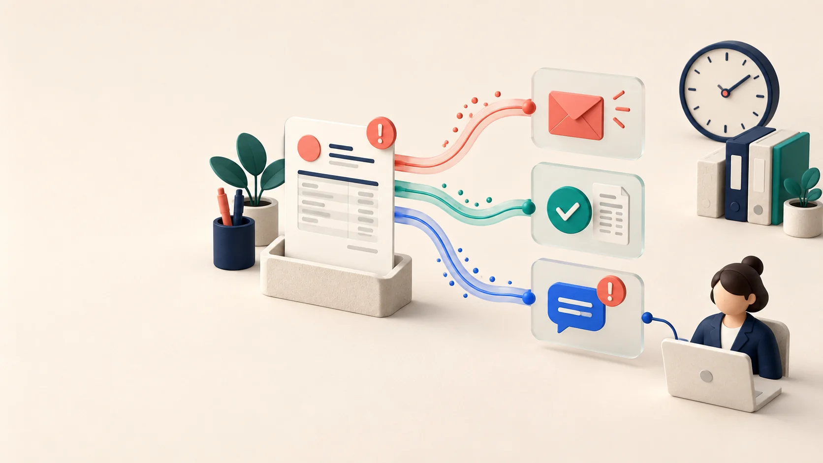 An overdue invoice branches into a reminder, a correction and a case for a finance employee.