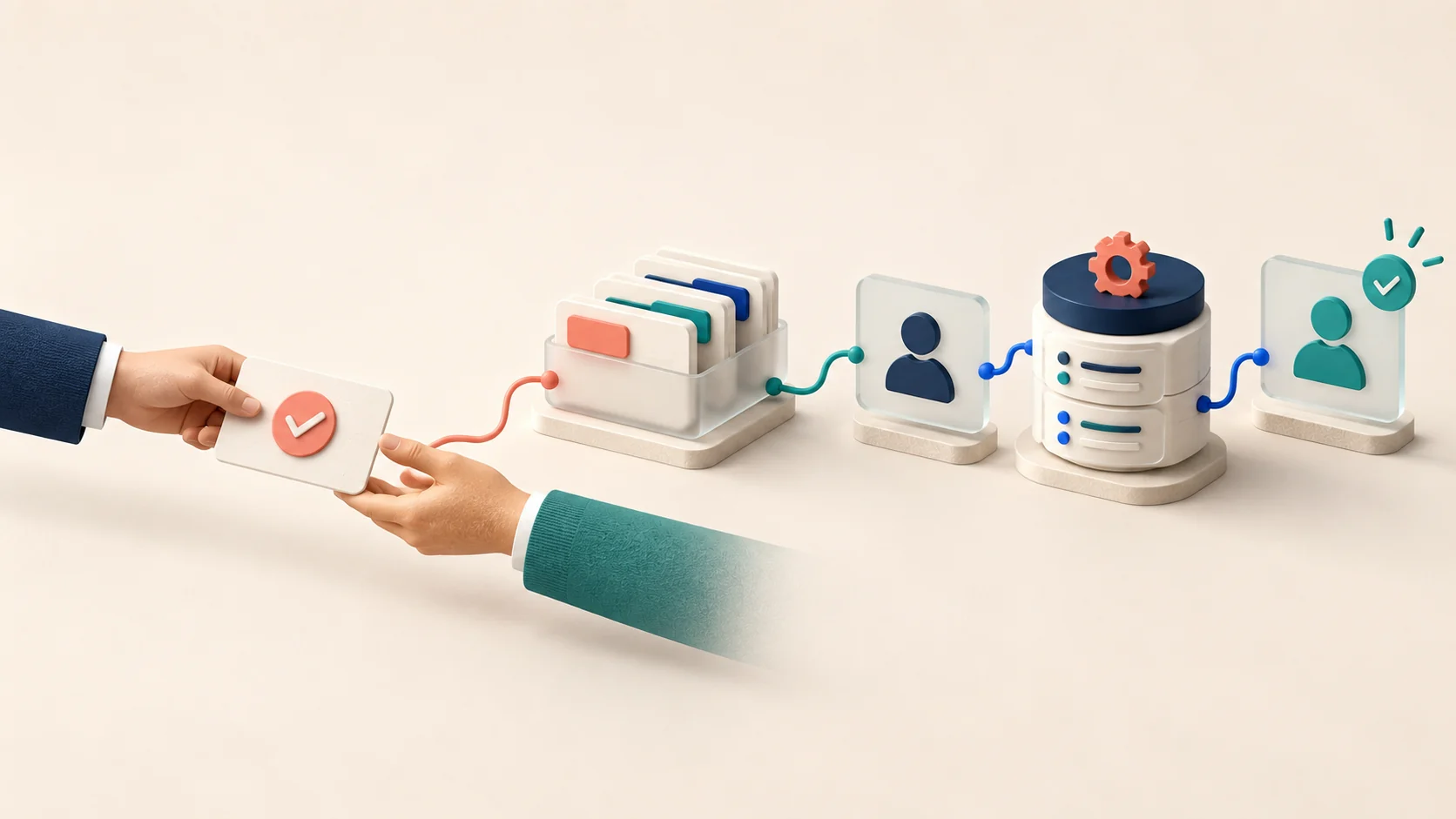 A signed handoff passes through customer files, an owner and service setup to a verified first outcome.