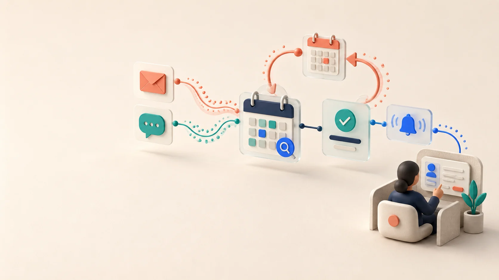 Customer requests flow to a checked calendar slot, confirmation and reminder while a person reviews exceptions.
