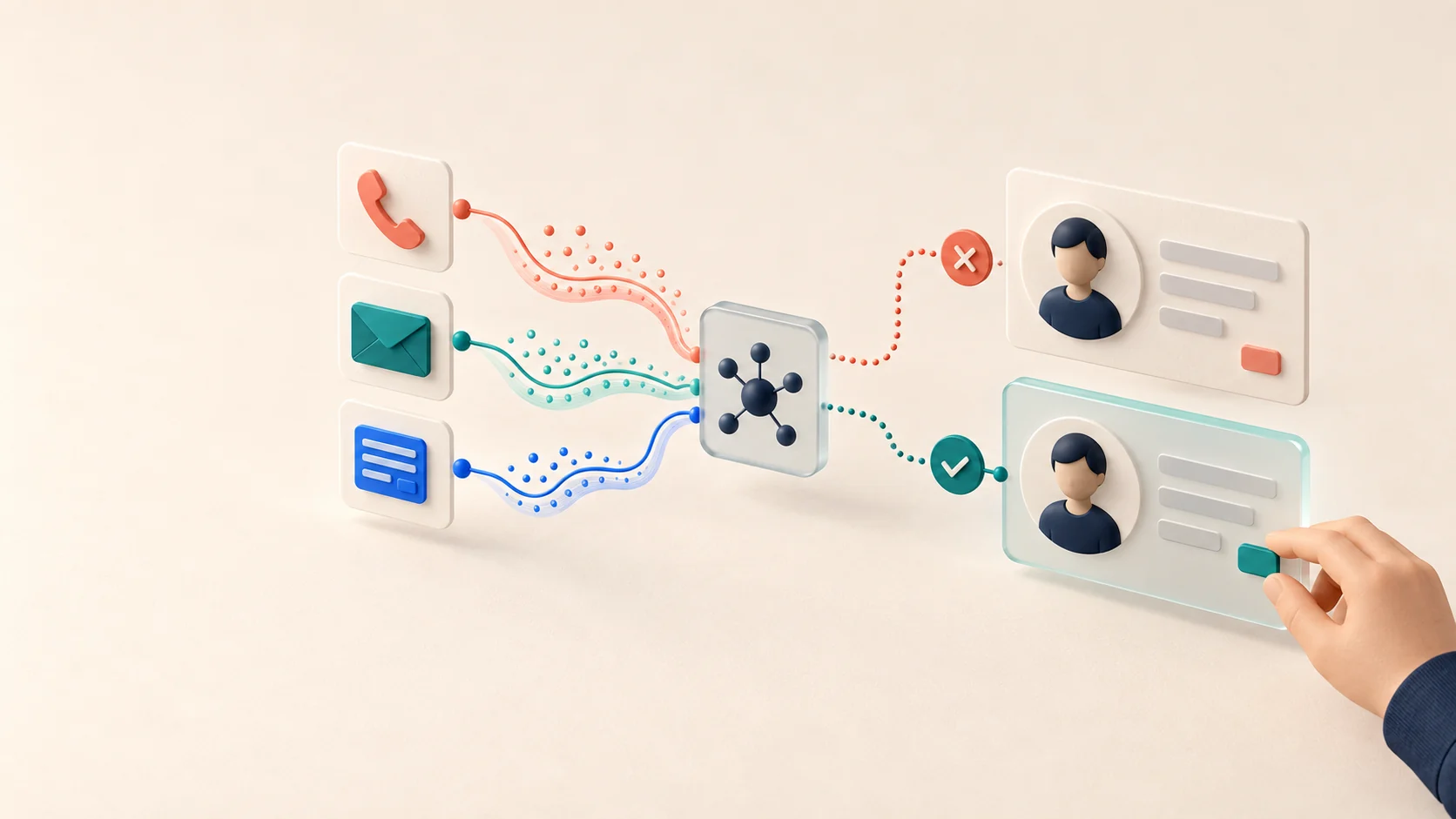 Звонок, письмо и документ сопоставляются с карточкой CRM; сомнительное совпадение отклоняется.
