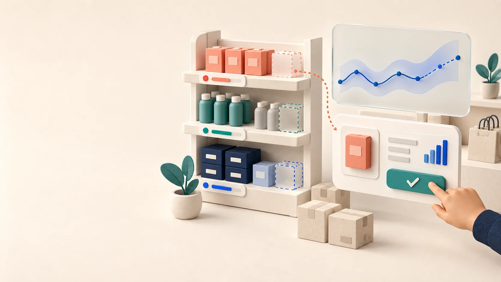 Shop inventory and a demand chart lead to a replenishment decision reviewed by a buyer.