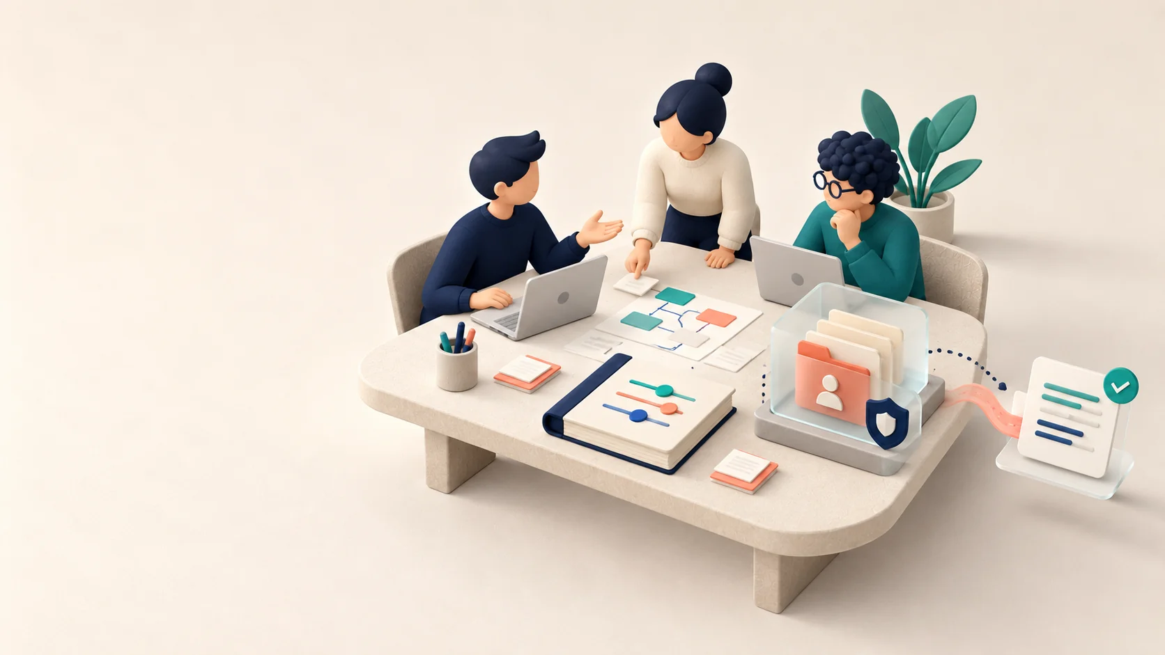 A small team reviews AI-use rules beside protected records and a completed checklist.
