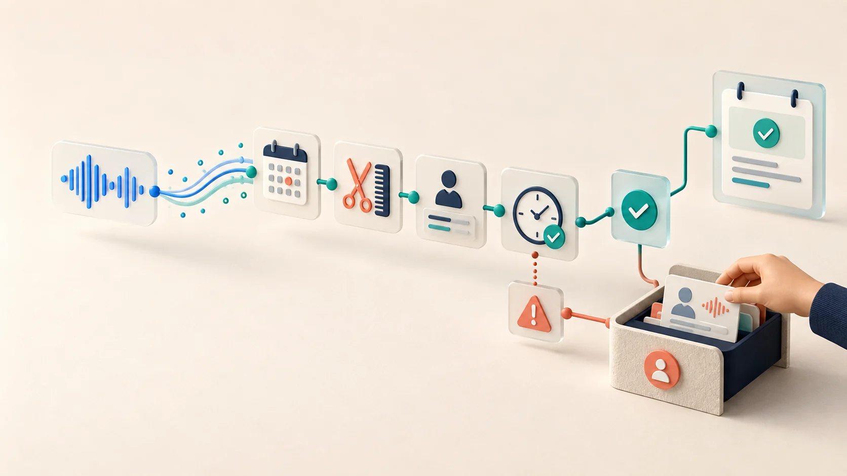 A voice request passes through transcription, identity and schedule checks to confirmation or human transfer.