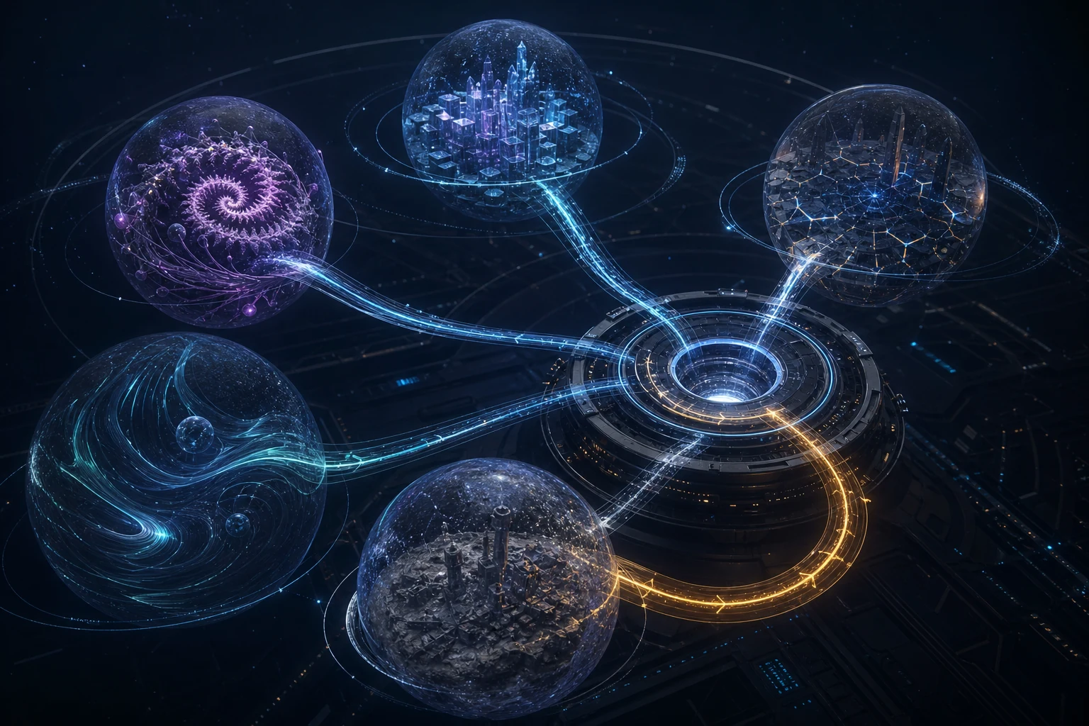 Five translucent pocket universes with different internal rules connect to a central diagnostic ring and a separate amber rollback path.
