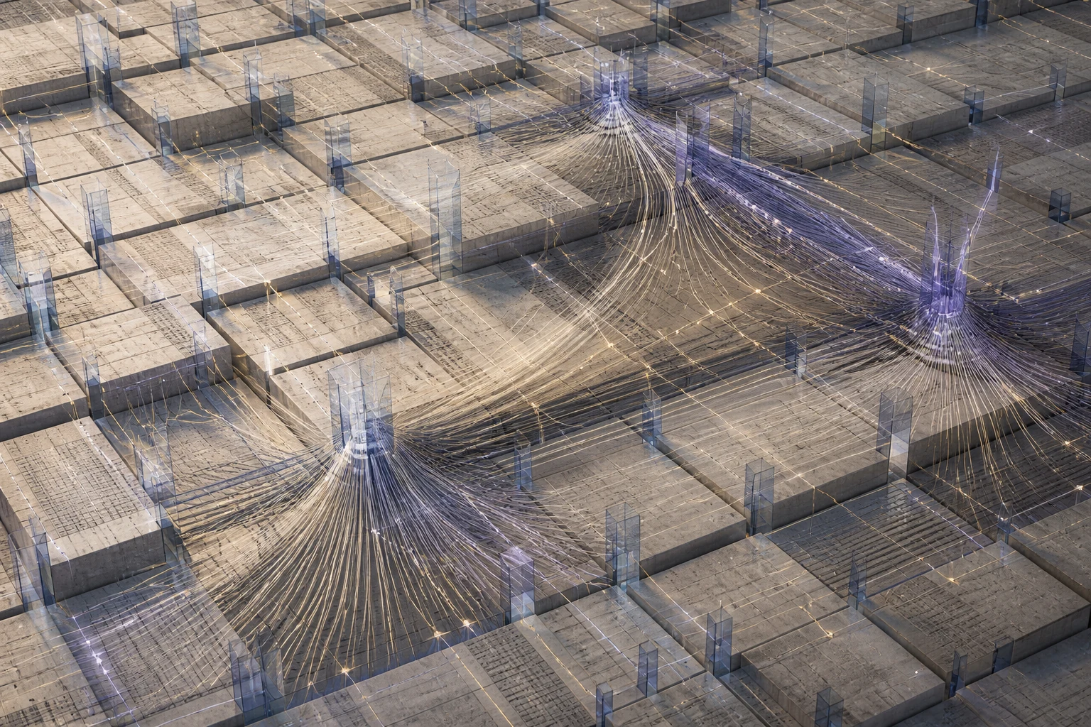 An apparently flat grid of equal nodes reveals hidden hubs through dense streams of access, attention and reputation.
