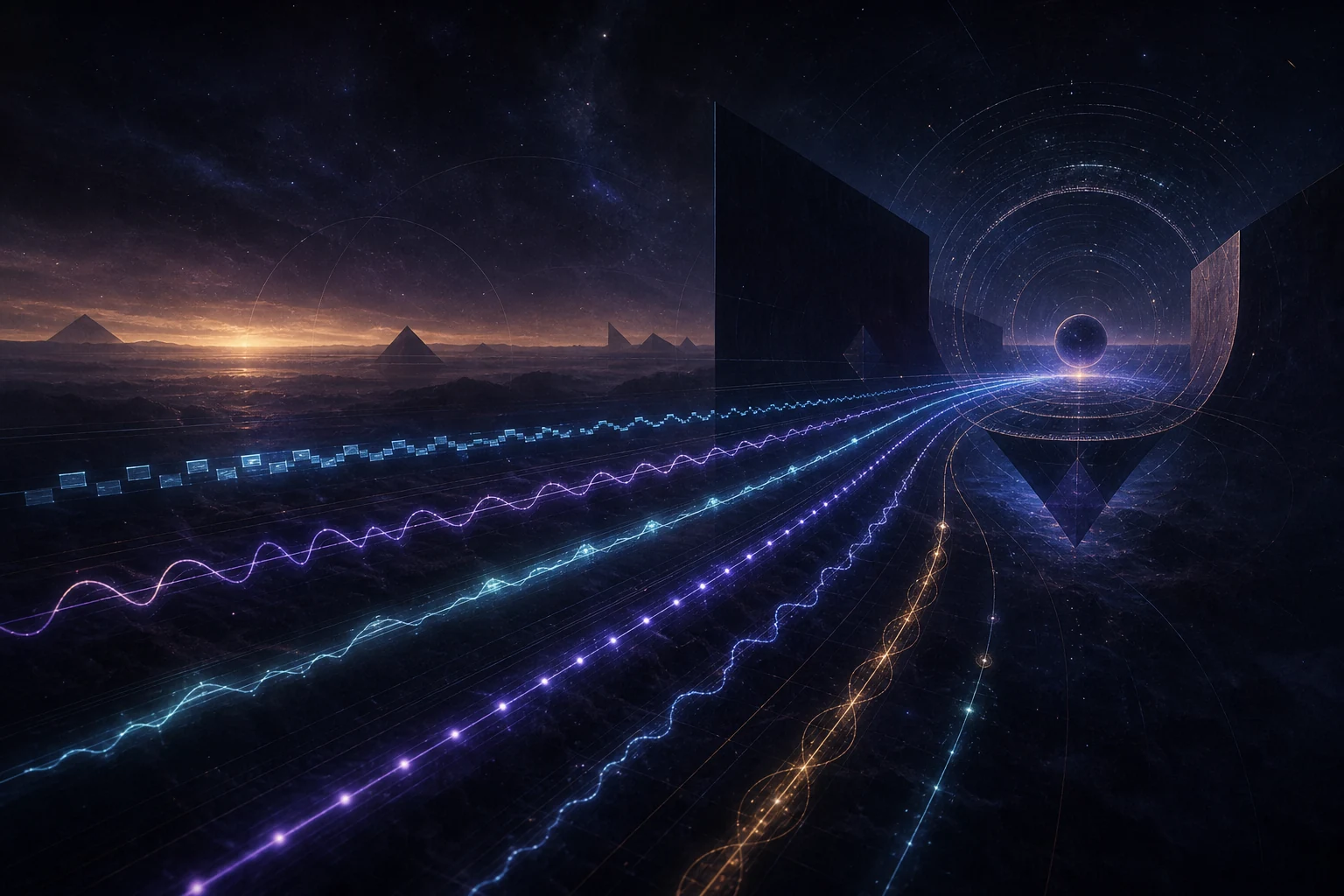 Seven distinct evidence signals cross a dark landscape and converge on a field of inverted time rings without merging into one line.