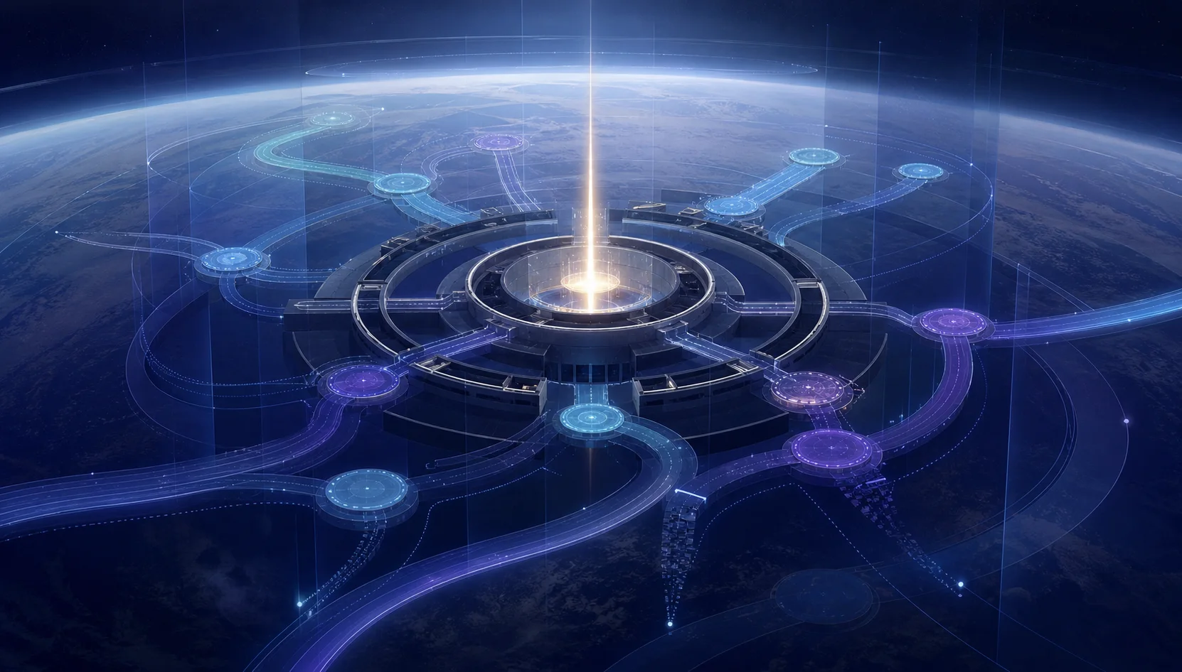 An orbital institution keeps one mission signal while planning routes branch and adapt across time.
