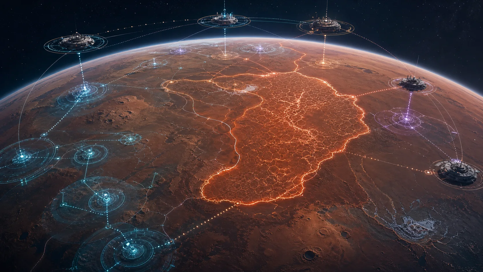 Distributed governance nodes monitor a large irreversible intervention across a rust-coloured planet.