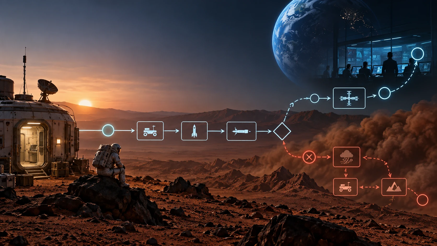 Original editorial illustration exploring The Martian through Business Process Model and Notation.