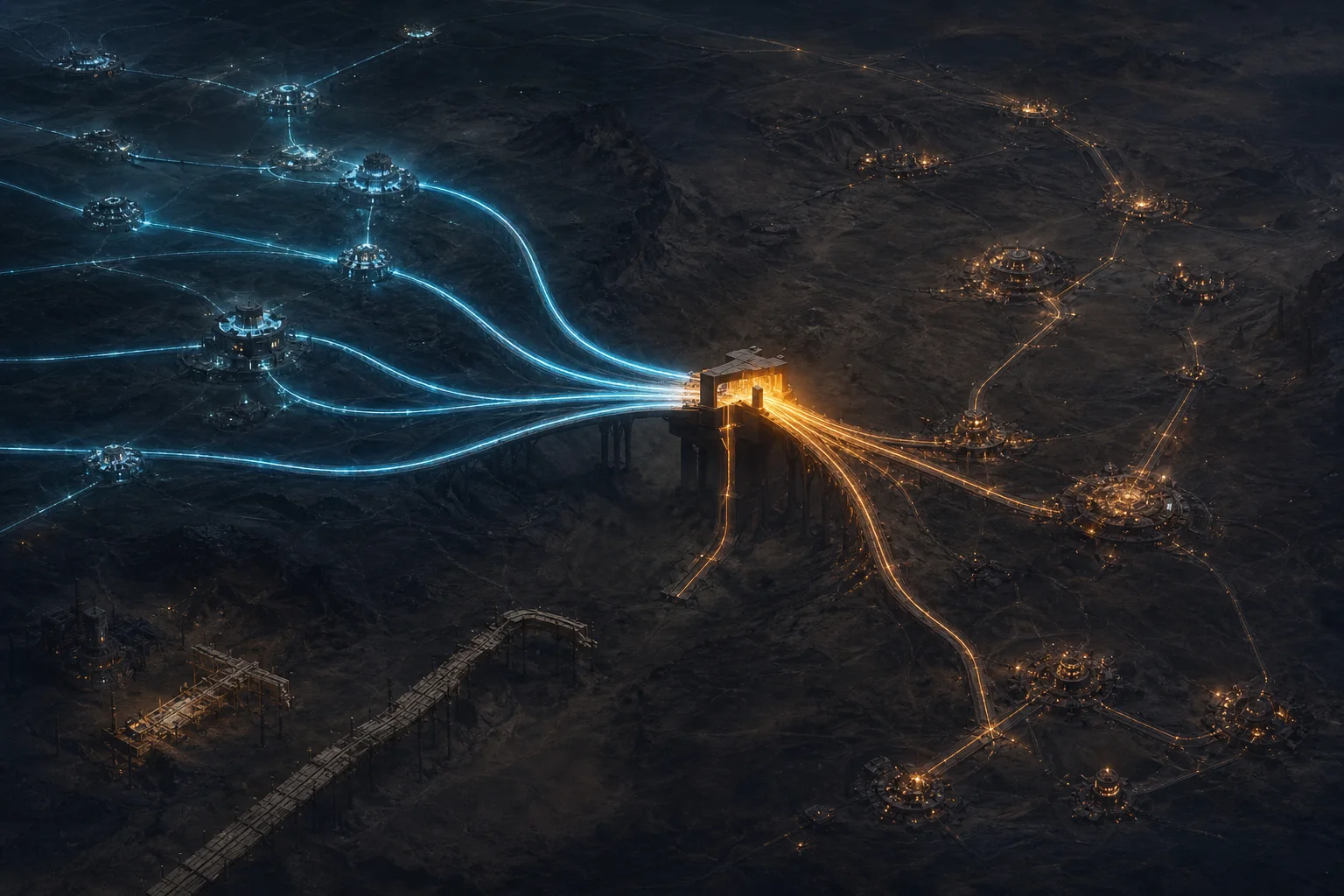 Many resource flows pass through one illuminated bottleneck before reaching a dependent network.