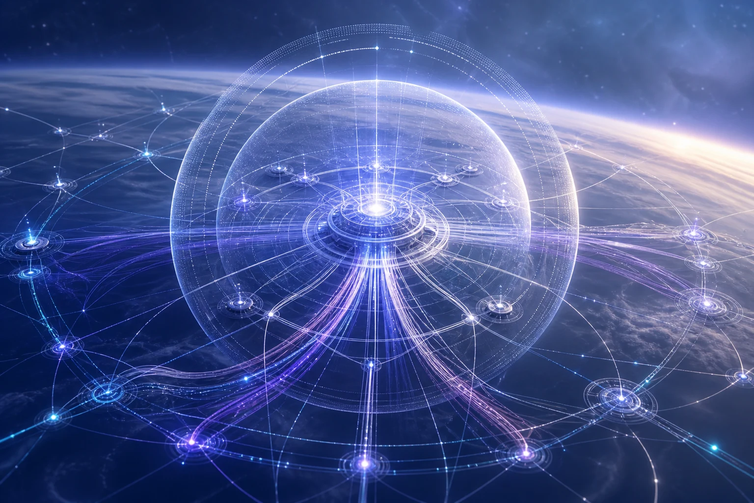 A central command node operates inside a translucent temporary shell while authority paths redistribute to an outer network.