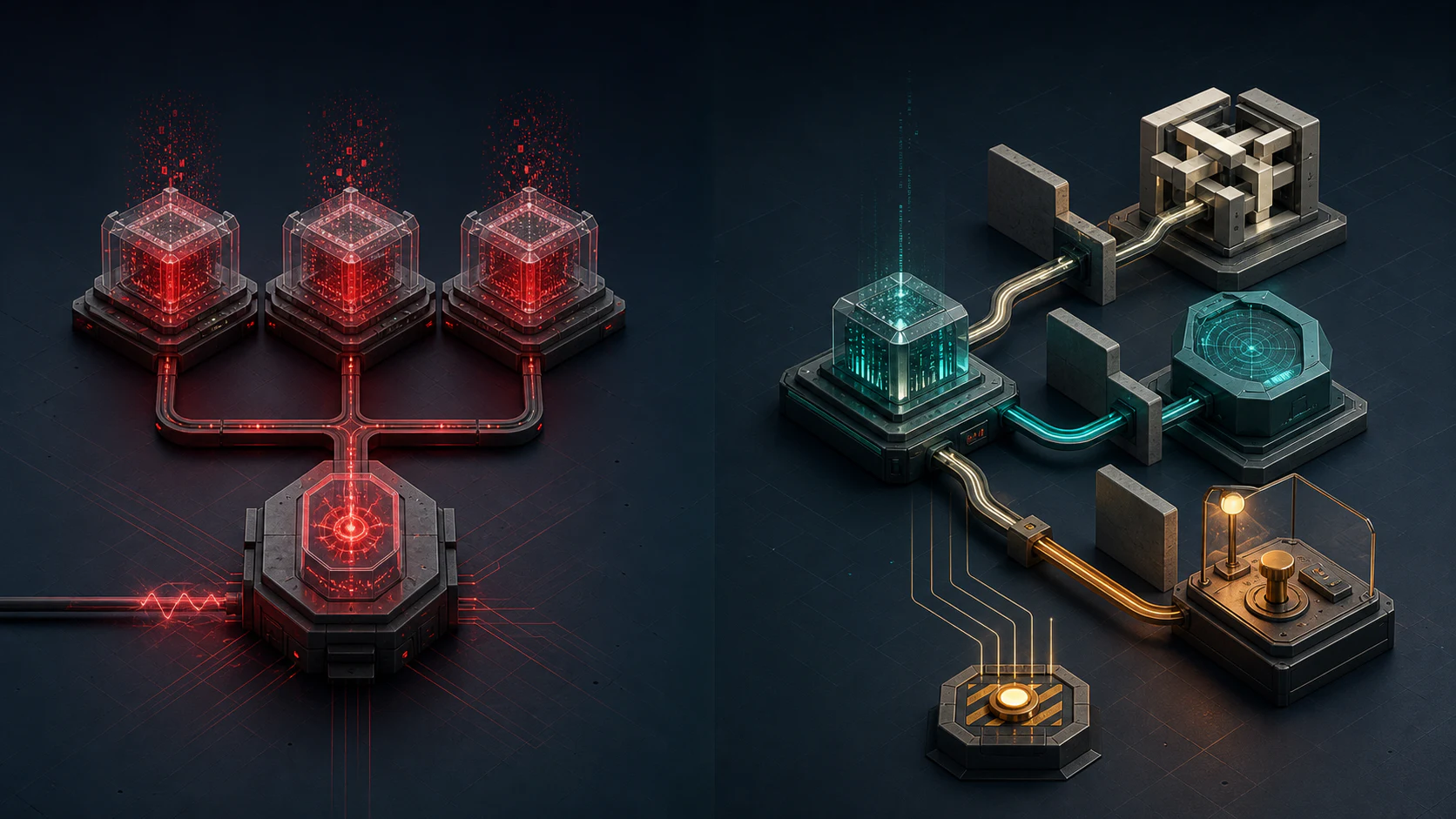 Three identical AI modules on the left share one dependency and fail together; on the right, a worker passes through diverse independent barriers, human authorisation and a separate safe-stop path.